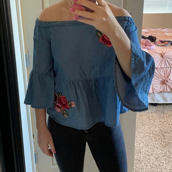 a.n.a Tops - Ana Off the Shoulder Denim Floral Blouse